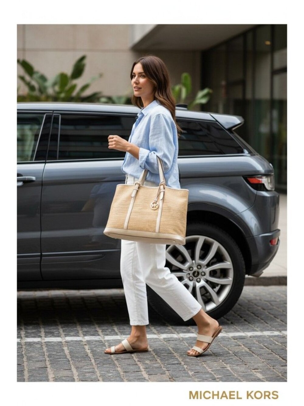 Michael Kors Straw & Leather Tote W/Gold Hardware Jet-Set Glamour Boho City Chic - Picture 4 of 12